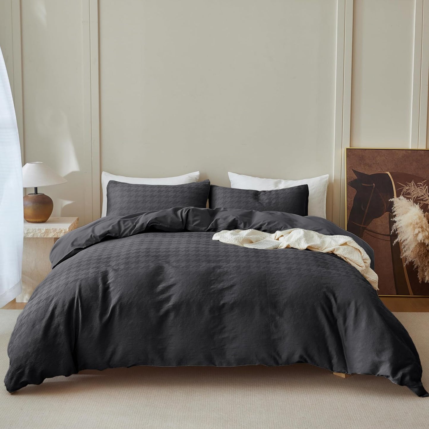 100% Cotton Duvet Cover Set Waffle Weave 3PCS Houndstooth