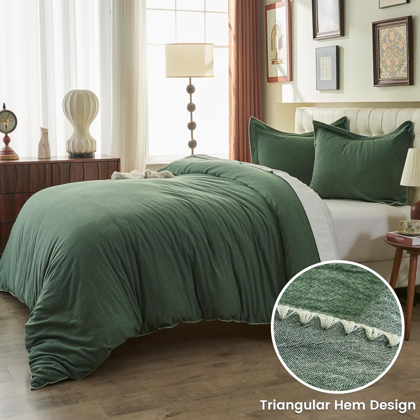 100% Washed Cotton Duvet Cover Set - Solid Color Triangle Hem