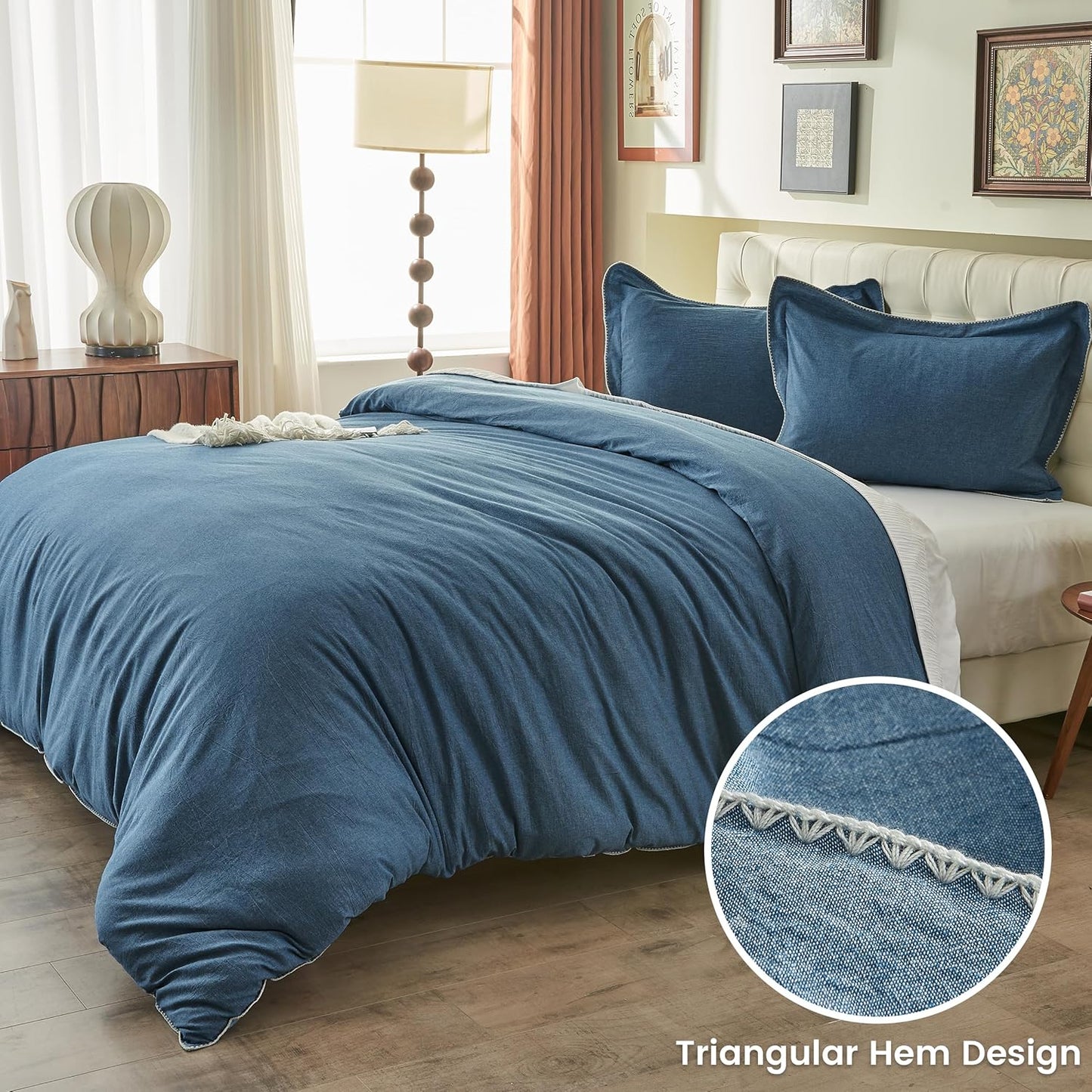 100% Washed Cotton Duvet Cover Set - Solid Color Triangle Hem