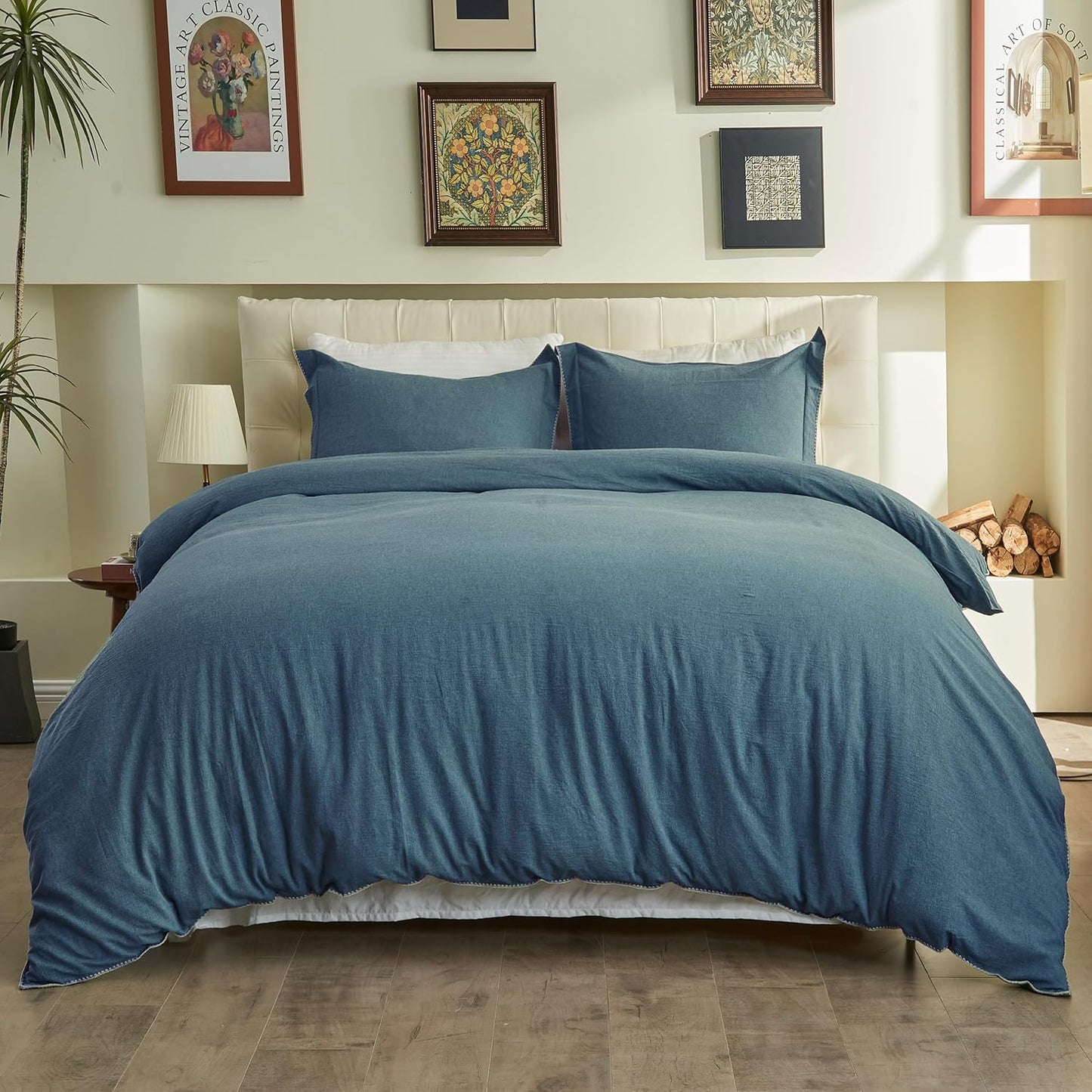 100% Washed Cotton Duvet Cover Set - Solid Color Triangle Hem