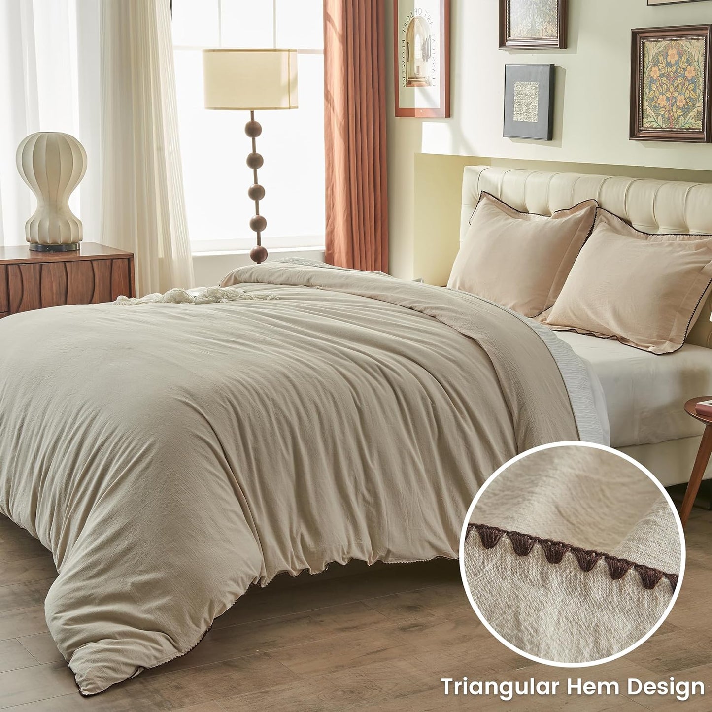 100% Washed Cotton Duvet Cover Set - Solid Color Triangle Hem