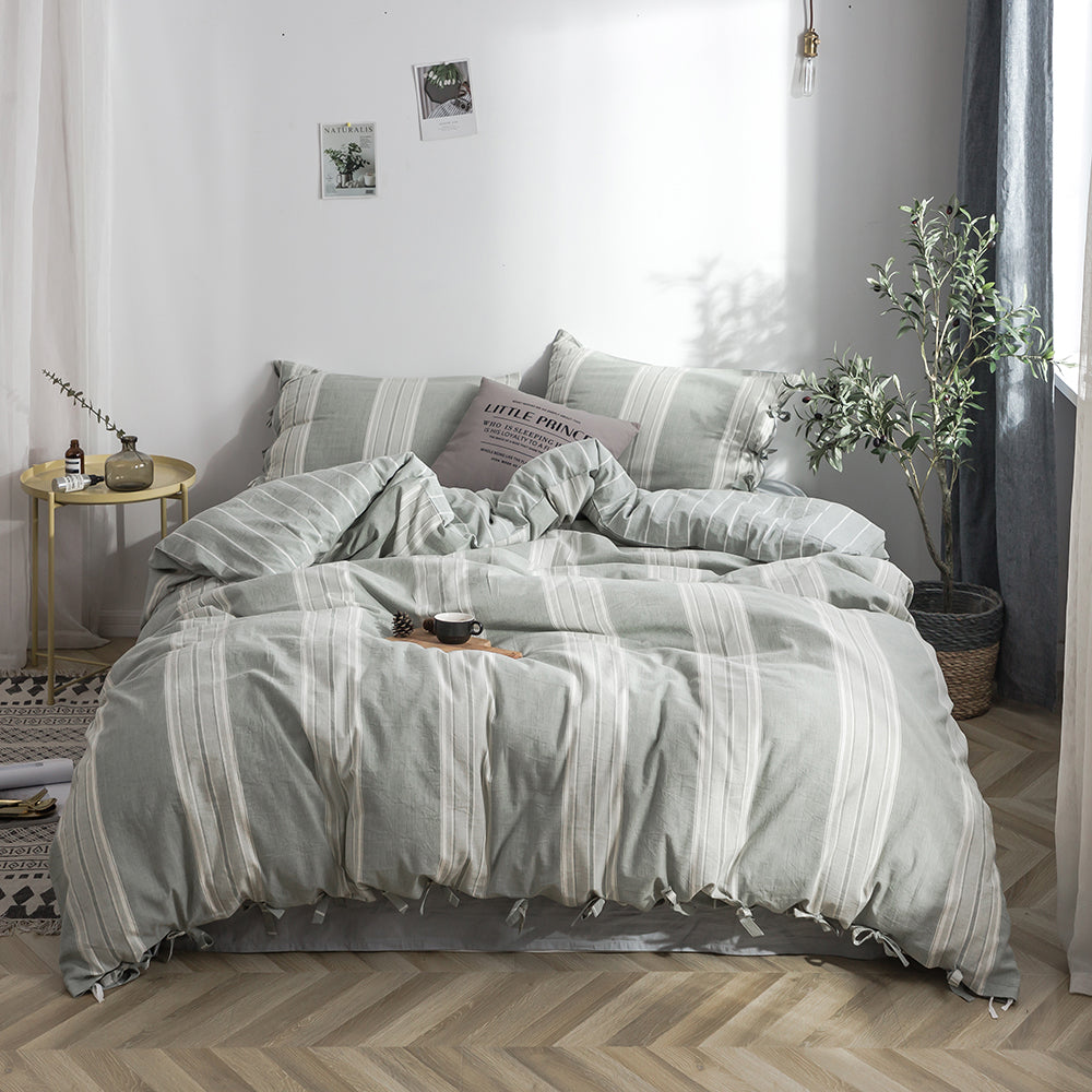 100% Washed Cotton Duvet Cover Set - Striped Bowknot Ties