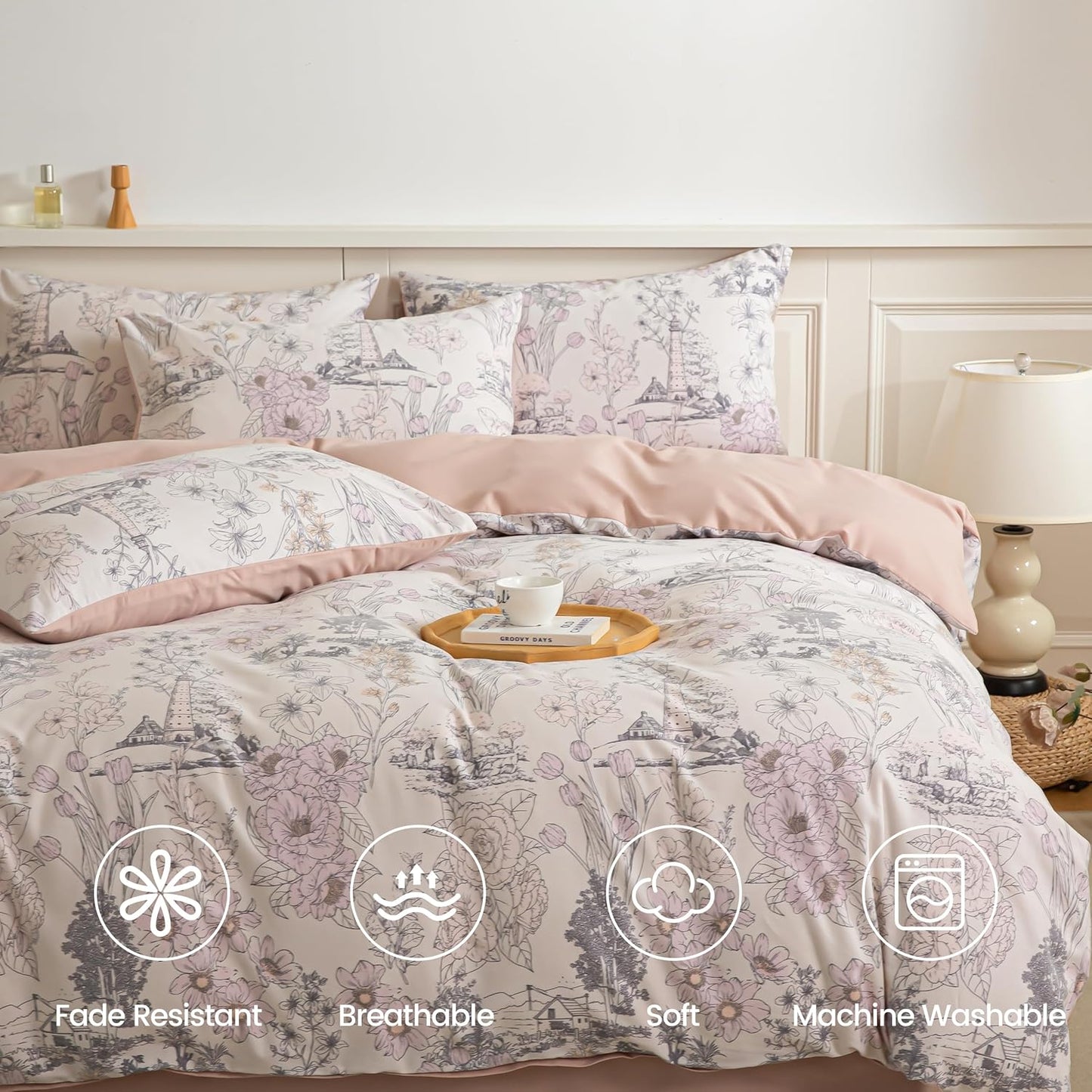 BISELINA 100% Cotton Reversible Brushed Duvet Cover Set - Floral