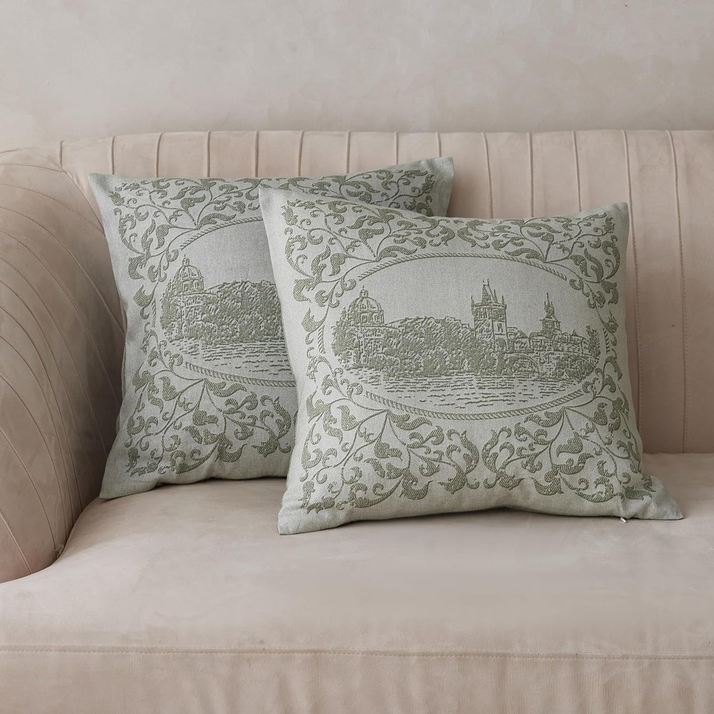 BISELINA Linen Throw Pillow Covers - Landscape Printed Pattern