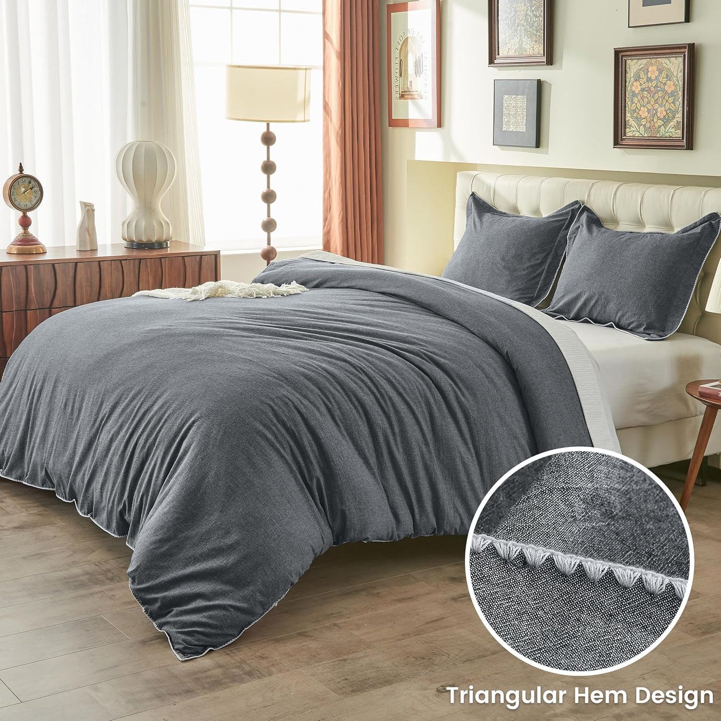 100% Washed Cotton Duvet Cover Set - Solid Color Triangle Hem