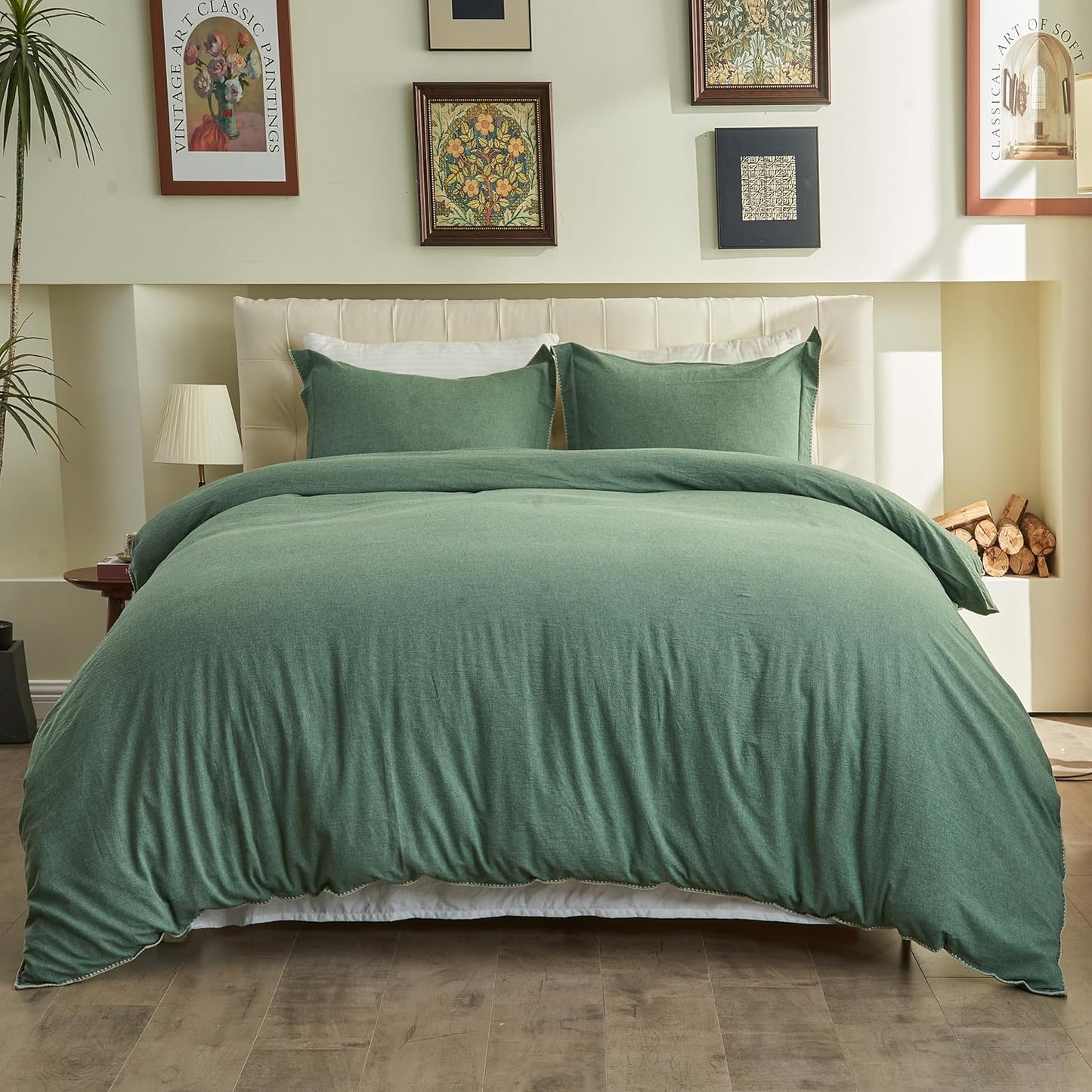 100% Washed Cotton Duvet Cover Set - Solid Color Triangle Hem