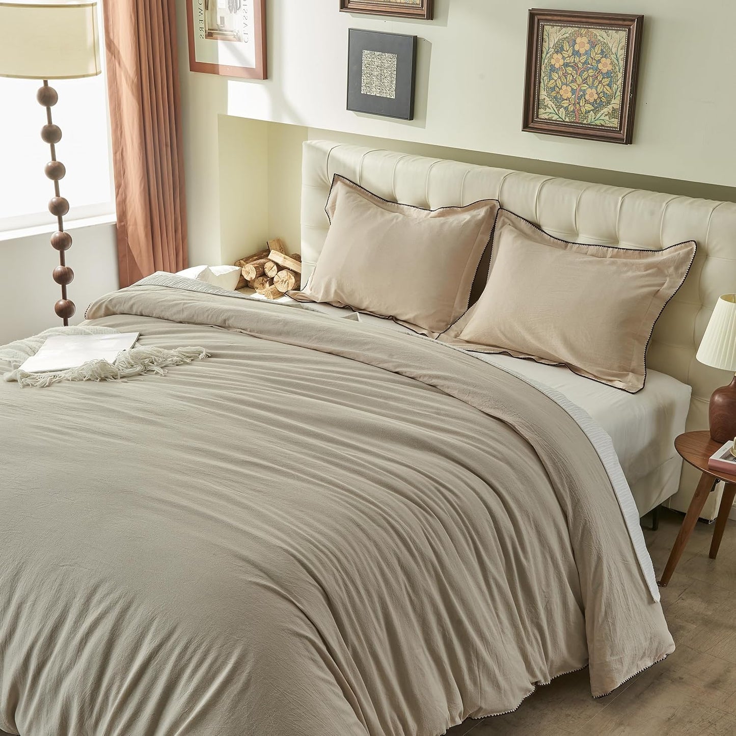 100% Washed Cotton Duvet Cover Set - Solid Color Triangle Hem