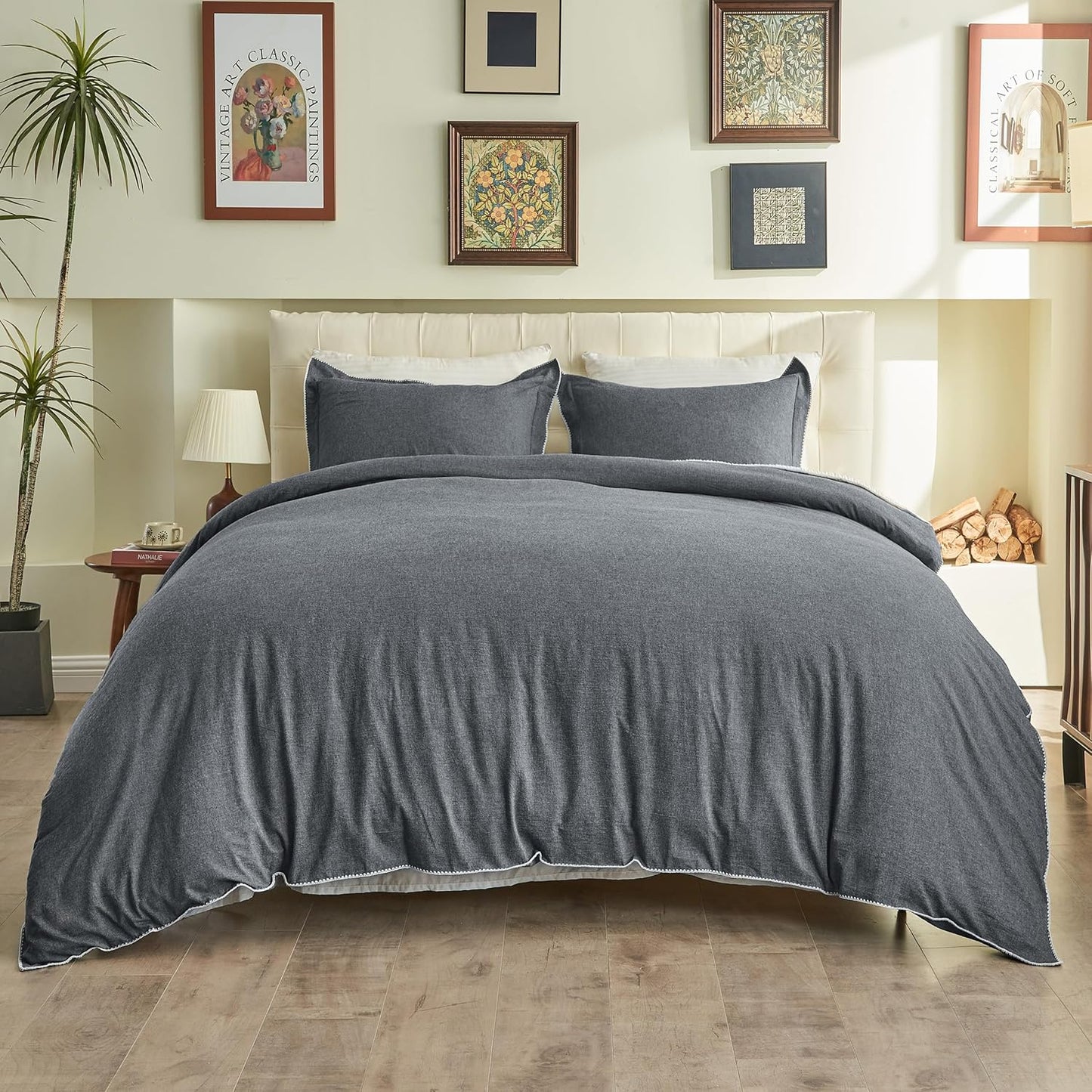 100% Washed Cotton Duvet Cover Set - Solid Color Triangle Hem