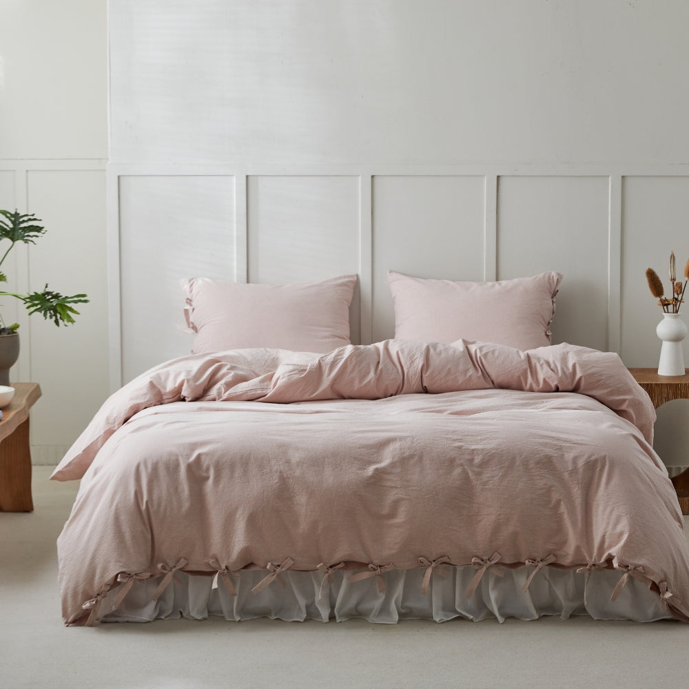 100% Washed Cotton Duvet Cover Set - Solid Color Bowknot Ties