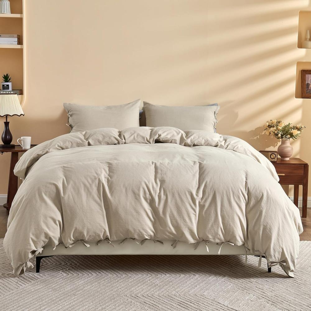 100% Washed Cotton Duvet Cover Set - Solid Color Bowknot Ties
