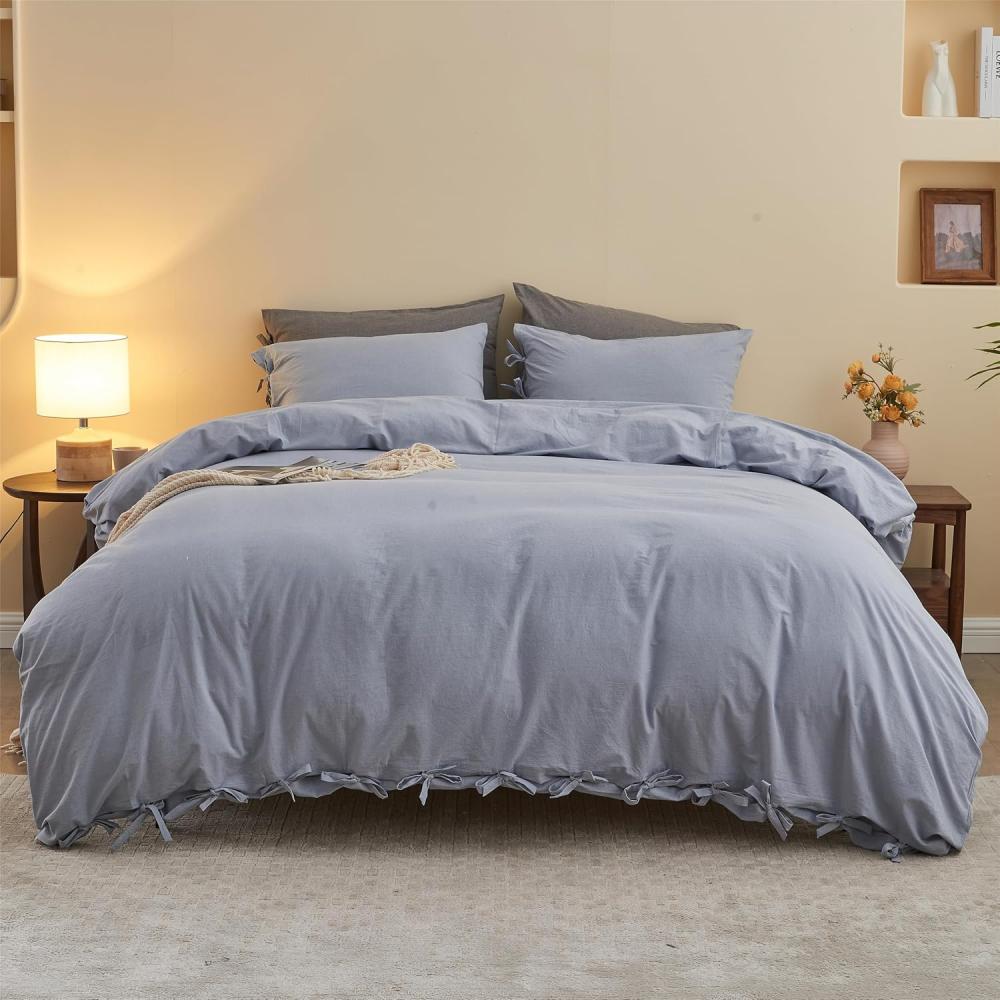 100% Washed Cotton Duvet Cover Set - Solid Color Bowknot Ties