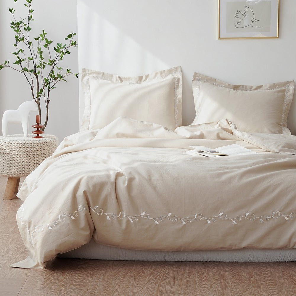 55% Linen + 45% Cotton Duvet Cover Set - Embroidered Willow Leaf