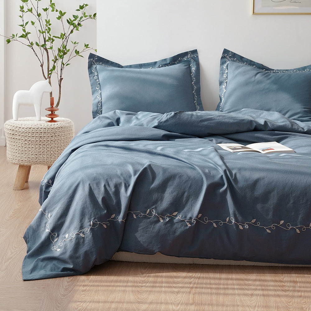 55% Linen + 45% Cotton Duvet Cover Set - Embroidered Willow Leaf